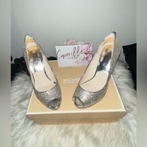 Michael Michael Kors Women's York Platform Silver Glitter Peep Toe